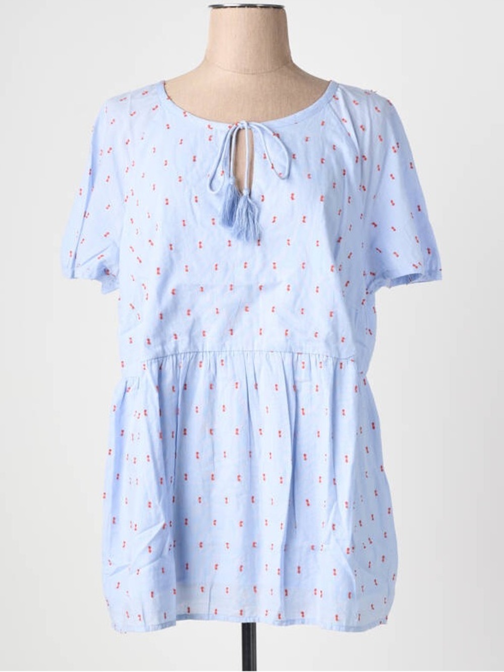 JUNAROSE BLUE SHORT SLEEVE V NECK TOP WITH TASSLE DETAIL